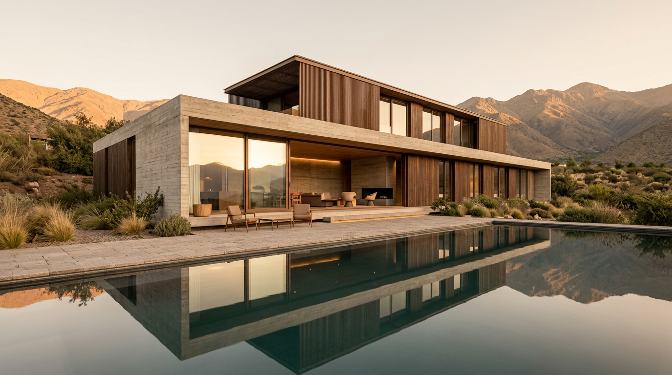 Casa contemporánea de hormigón y madera frente a un espejo de agua en la precordillera, al atardecer